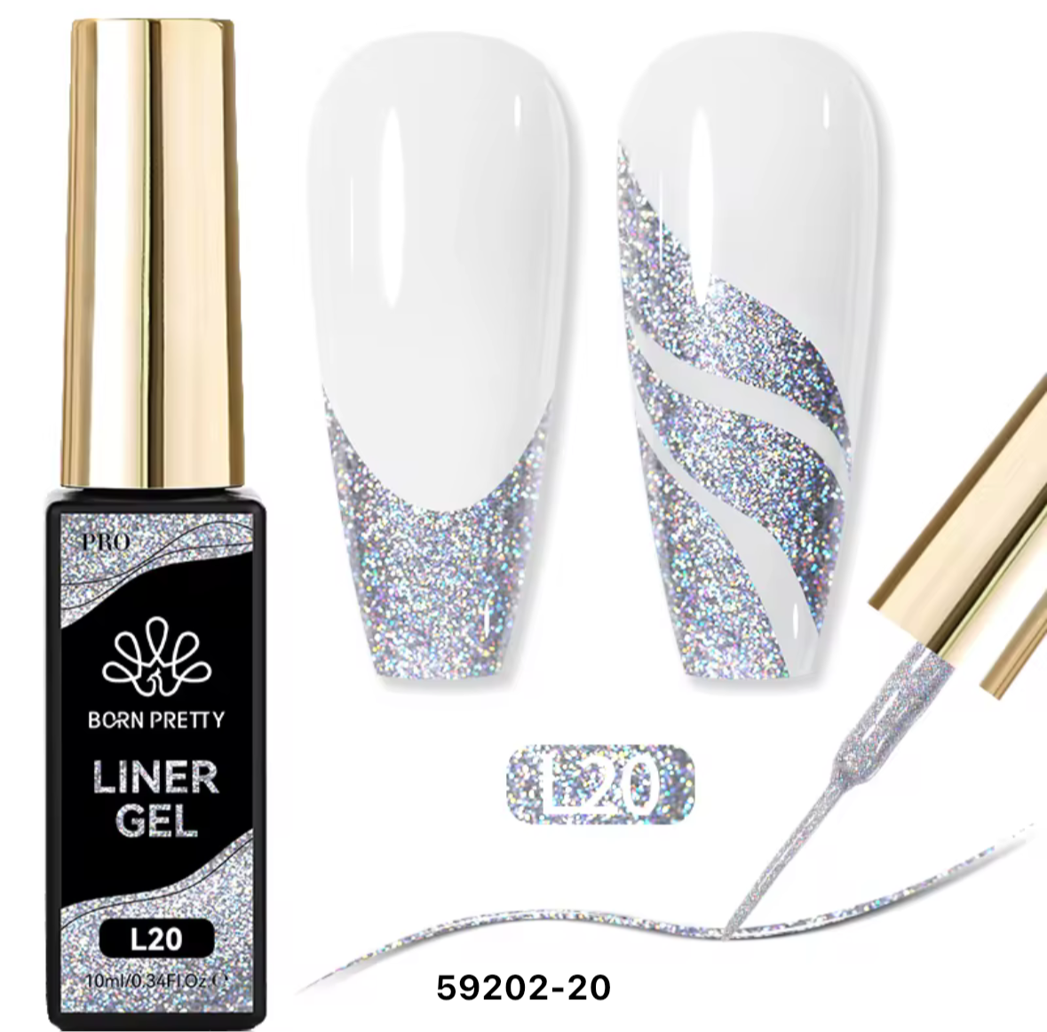 Liner Gel - Esmalte de uñas en negro, blanco, plateado, dorado y brillante de 10 ml