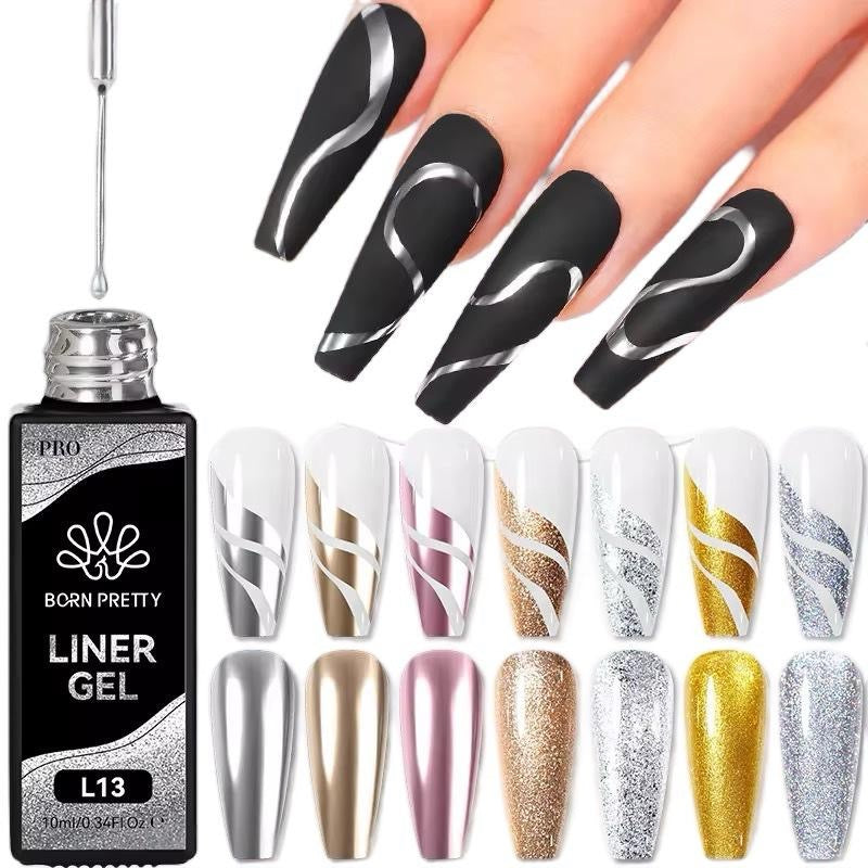 Liner Gel - Esmalte de uñas en negro, blanco, plateado, dorado y brillante de 10 ml